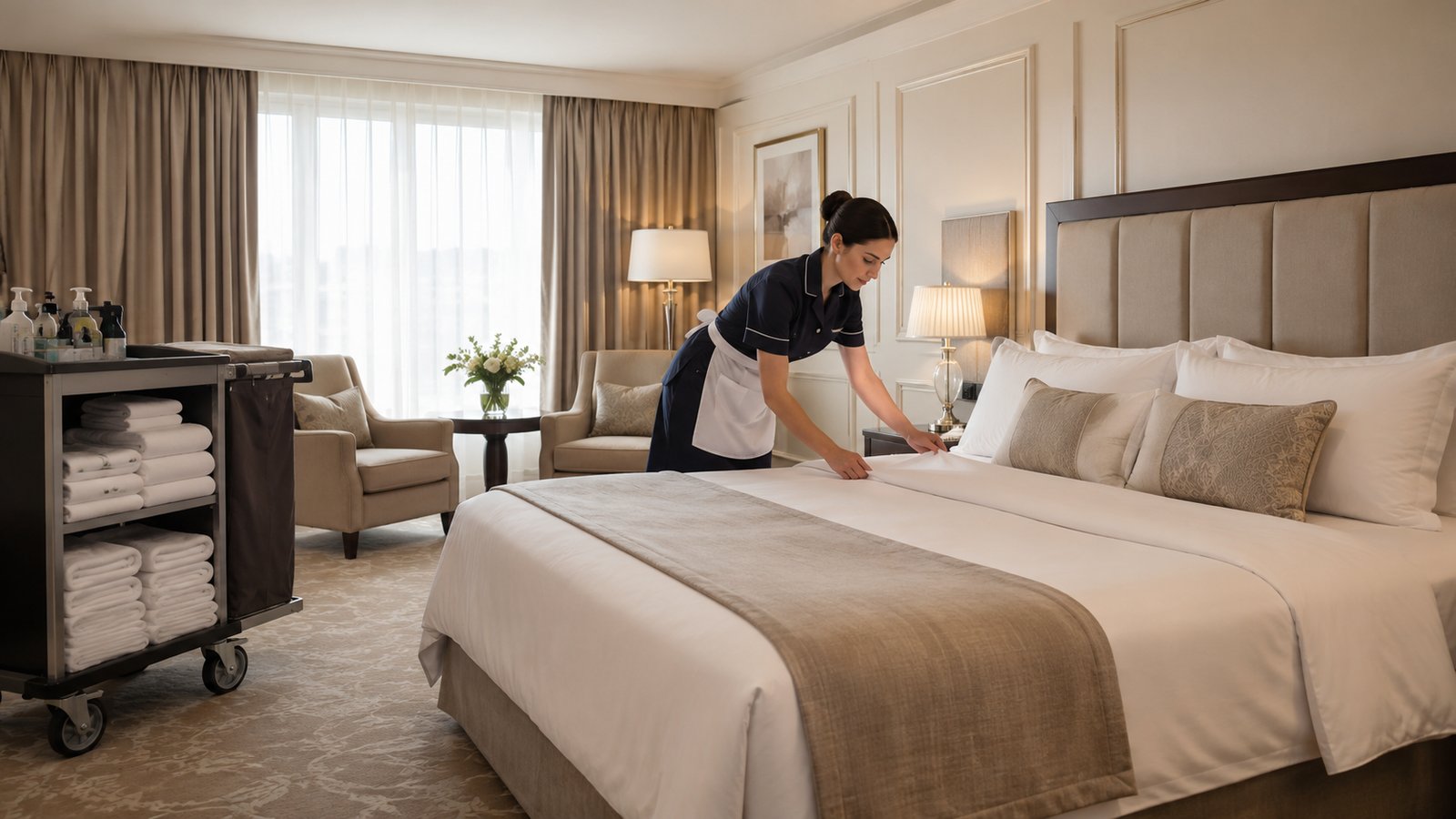 Housekeeping München – Zimmermädchen bereitet Hotelbett vor